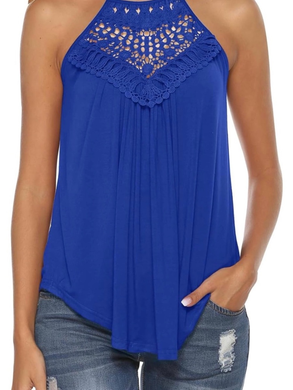 Crochet Yoke Halter Tank Top - Royal Blue